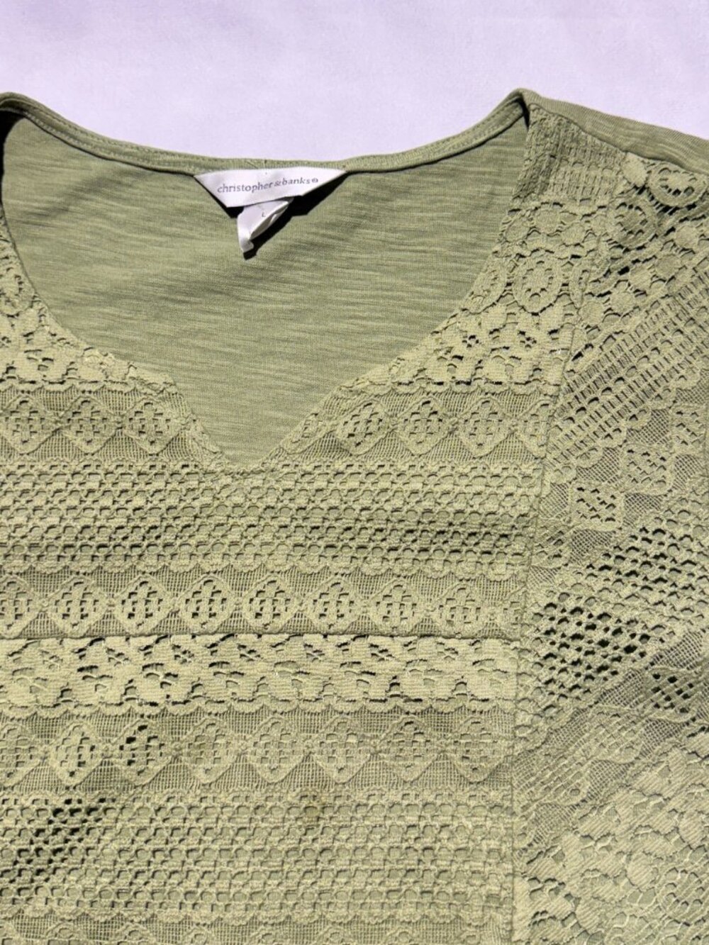 Christopher & Banks Womens Shirt Large Sage Green Cotton Lace - Picture 2 of 8